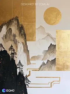 大美国风丨AI绘制极具设计感的禅意鎏金山水 - 小红书