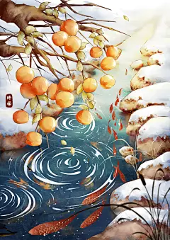 池塘边  冬日  柿子树   积雪   锦鲤  水波纹  大雪  冬至  小雪  节气插画