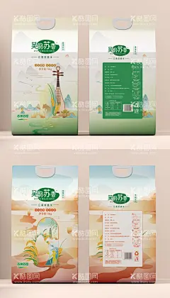 大米包装  - 源文件下载【酷图网】包装设计,包装袋,大米,插画,江南小桥流水,意象,清雅,