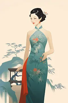 AI数字艺术民国复古旗袍服饰插画-众图网
