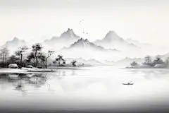 山水河流河水烟雾水墨画插画图片