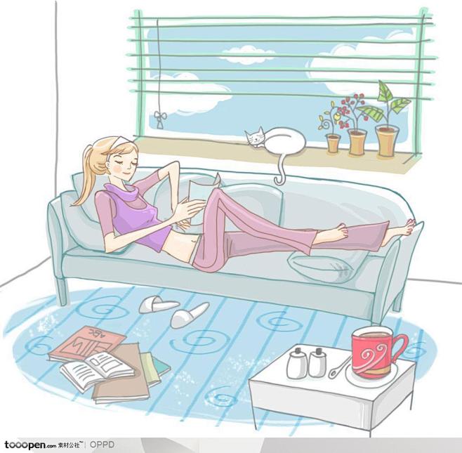 手绘水彩插画女性人物-躺在沙发上看书的长...
