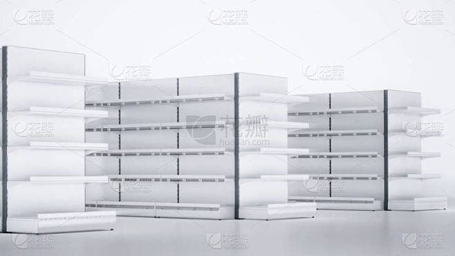 在3D图像中，杂货店的空货架排成一排，前...