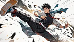 漫画风武术侧踢描述：少年腾空侧踢定格瞬间，插画风格的动态线条环绕腿部，纯白背景上带有速度线特效，衣袂飞扬。 (4)