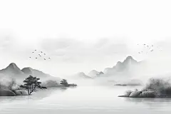 云雾山川山水艺术河水烟雾水墨画插画图片