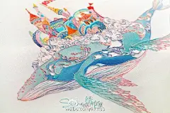 9月受友人邀请，刺绣了这幅《鲸鱼城堡》，出自《魔幻城堡》手绘涂色书，A3的布幅，从修改、打印、配色、手绘染色、刺绣耗时近两个月，感谢亲爱的 @菱川之舟 辛苦帮我打印，谢谢@正版小哑 老师、@狐七-青嵐 @susan苏蜜 @正版三三 伙伴们的热心鼓励和支持！