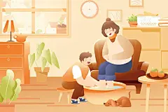 卡通秋季亲子家庭瞬间关爱家人老人重阳节秋分泡脚母亲节矢量插画插画下载