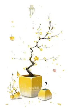 png格式植物花卉手绘素材  - 源文件下载【酷图网】插画,卡通,花型,手绘,盆栽,植物,花卉,素材,插图,花朵,梅花,腊梅,