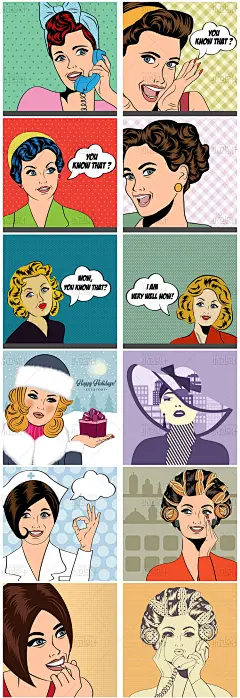 71P 手绘彩色漫画人物女性妇女头像会话气泡EPS矢量平面设计素材-淘宝网