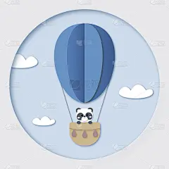 熊猫熊男孩在热气球上。剪纸艺术风格婴儿男孩的到来通告卡，邀请或贺卡的概念。