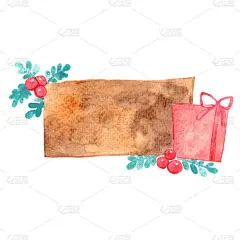 礼品盒与蕨类叶和浆果横幅水彩画装饰圣诞假期。