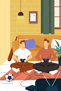 感恩节朋友聚会陪伴玩游戏房间扁平原创插画