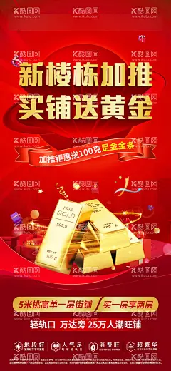买铺送黄金海报  - 源文件下载【酷图网】海报,房地产,商业,商铺,加推,送黄金,活动,红金,