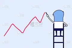 商人站在梯子上，在墙上画成长图。卡通人物细线风格矢量。