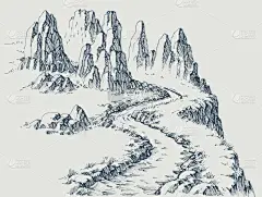 山路远足，高山岩石景观，山脉手绘