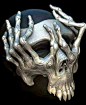 This may contain: a close up of a mask with hands on it's face in the dark