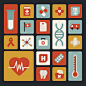 医疗元素图标背景矢量素材，素材格式：AI，素材关键词：图标,健康,医疗,红丝带,DNA,医药箱,心电图,温度计,牙齿,X光,救护车