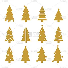 金色的剪影，圣诞节树矢量风格的简单符号。一套圣诞树和新年剪影 