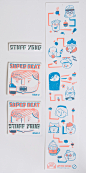 Super Neat Zine Issue 2 : The theme for this edition of Super Neat is all about the goodies that people stuff their faces with. Limited edition of 50. Hand screen printed in two colours; cyan and neon orange on a 280gsm pure white paper stock. It is a min