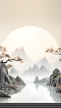 通用电商传统中国风插画中式自然山树风景展台场景背景