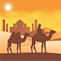 沙漠清真寺和骑骆驼的人风景插画