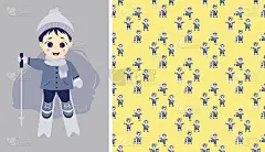 孩子们在冬天。无缝图案和明信片与男孩滑雪。孩子们在黄色背景上滑冰、滑雪和单板滑雪。冬季运动。矢量图