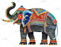 水彩画幻想华丽的印度大象孤立在白色的背景。彩色细线，民族饰品明亮的马具。t恤打印。蜡染颜料，马戏表演