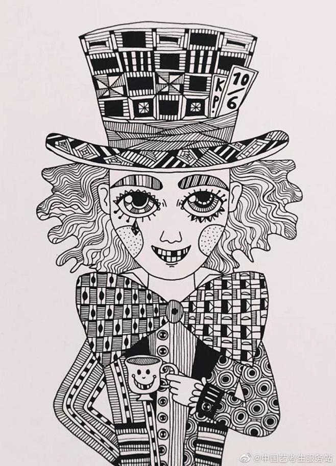 爱丽丝梦游仙境黑白装饰线描画素材