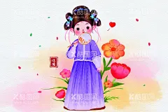 可爱萌萌Q版古风女子手拿团扇插  - 源文件下载【酷图网】女子,母亲节,美女,女性,中国风,古风,书,山,山水,人