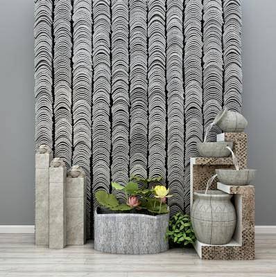 中式瓦片背景墙流水景观荷花池室外摆件装饰品摆件园林小品园艺小品