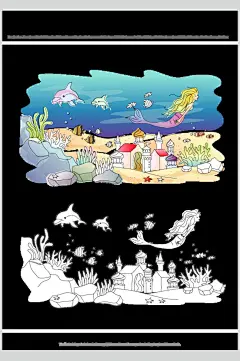 美人鱼城市建筑自然风光插画矢量素材