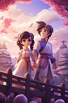 AI数字艺术Q版七夕牛郎织女人物模型