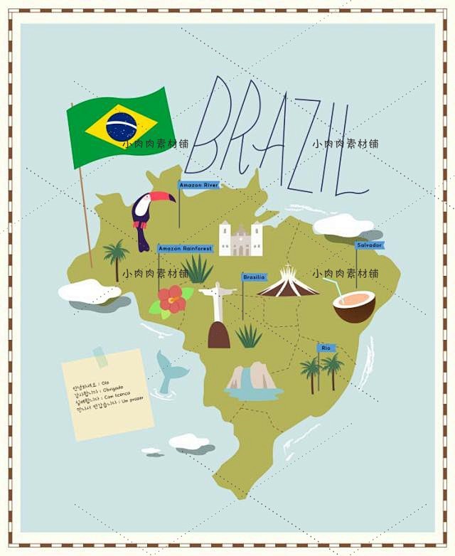 日本巴西法国意大利韩国卡通地标旅游地图插...