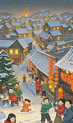 春节雪景街景庆春插画图形