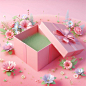 A pink empty open gift box on the wide grass surrounded by flower, with a pink background, in the cartoon style, rendered in C4D, as a 3D scene displaying a product, with soft lighting creating a dreamy atmosphere with high saturation and clear details, u