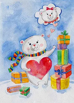以北极熊、情人节卡片或婚礼、爱情和气球为主题的插画