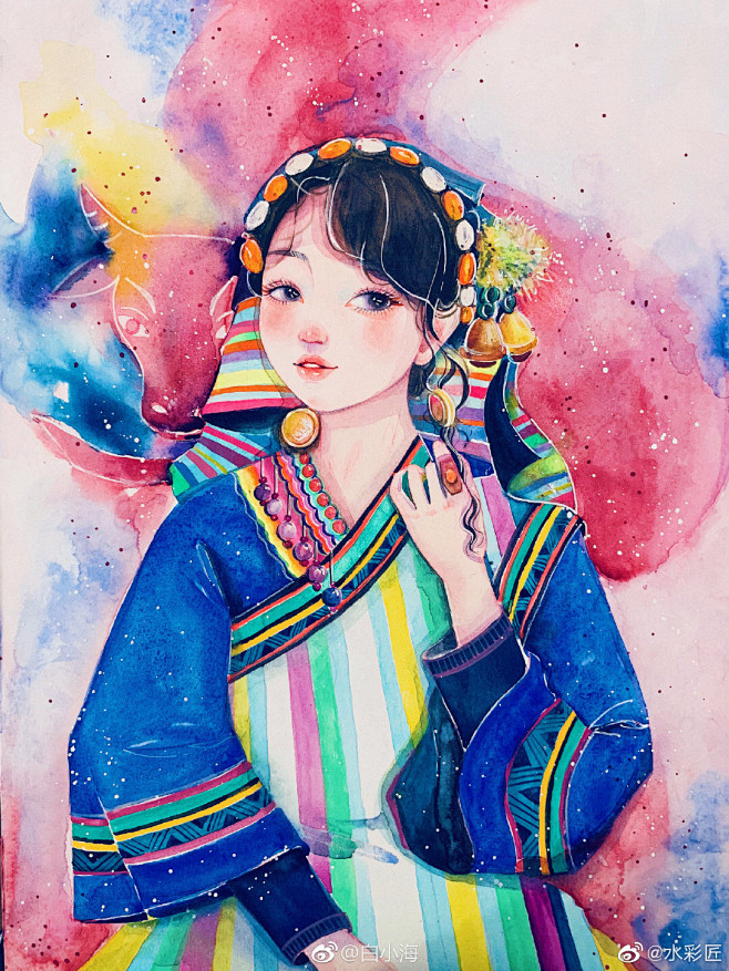 白小海水彩手绘云南少数民族少女作品欣赏