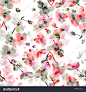 watercolor illustration pattern of spring cherry blossom - P