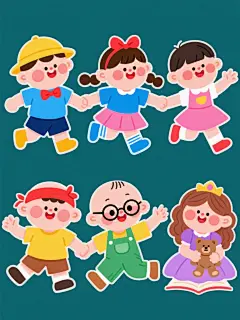 一套6个儿童系列插画素材，保持可爱卡通风格，每个孩子都有圆胖脸型、红扑扑脸颊、水汪汪大眼睛和灿烂笑容。采用明亮鲜艳的色彩搭配，孩子们造型各异：一个戴黄色帽子穿蓝色上衣和深蓝色短裤，一个戴黄色帽子配红色蝴蝶结穿蓝色上衣和粉色短裙，一个扎双马尾穿粉色连衣裙，一个短发戴眼镜穿绿色背带裤，一个光头戴红色头巾穿黄色T恤和棕色短裤，一个长卷发穿紫色公主裙。每个孩子动作多样，有的牵手奔跑，有的挥手打招呼，有的跳跃，有的比耶，有的抱着玩具熊，有的坐在地上看书，整体构图活泼生动，充满童趣，线条简洁流畅，色彩明快和谐，适合作