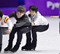 Pyeongchang Winter Olympic gold medalist Yuzuru Hanyu of Japan plays with fellow figure skaters during practice in Gangneung South Korea on Feb 24...