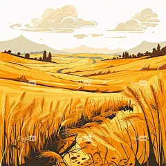秋收田野，金色麦田，平面插图，手绘