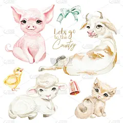 农场，乡村可爱的动物水彩画集。猪，牛，羊，小猫(猫)和小鸡