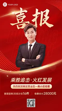 金融保险销售业绩表彰喜报贺报人物喜庆手机海报