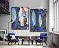 Set Of 2 Huge Contemporary Art Acrylic Painting On Canvas, Abstract Canvas Wall Art Home Decor, HANDMADE. Blue, black, orange, brown, beige.