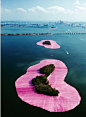大地艺术：美国  克里斯托和让娜－克劳德     “  被环绕的群岛”（1980-1983），用超过60 万平方米的粉红色布料，覆盖佛罗里达的11 座岛屿.