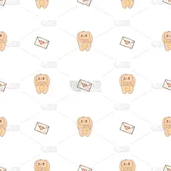 手绘可爱的动物。无缝模式。一只有条纹耳朵和肚子的兔子，信封上有心形。白色背景。向量。