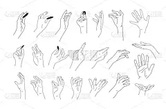 一大堆写实的手绘草图.手部、手指和手掌的线形绘图。设计要素。手牵着，给予，触摸。矢量涂鸦图解.