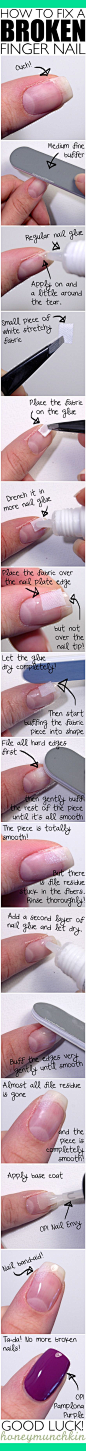Tutorial: How to fix a broken finger nail. Not sure what type of "stretchy fabric" they're advocating,but I'd recommend using either a fiberglass wrap fabric,or silk wrap.Both are available in most drug stores.A pro repair is always the most eff