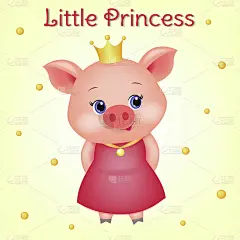 可爱的蓝眼睛小猪公主的化身。3d动物与皇冠在红色的裙子和一个金色的奖章上的丝带，卡通人物。有趣的小猪