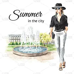 年轻女子在公园附近的喷泉，水彩手绘插图孤立在白色的背景